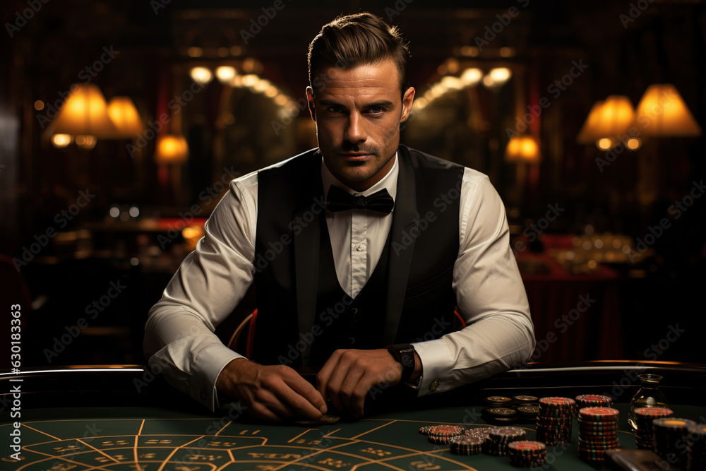 Portrait of a croupier is holding playing cards, gambling chips on table. Casino background