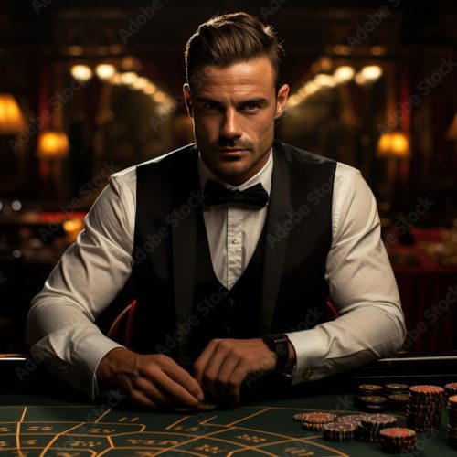 Portrait of a croupier is holding playing cards, gambling chips on table. Casino background